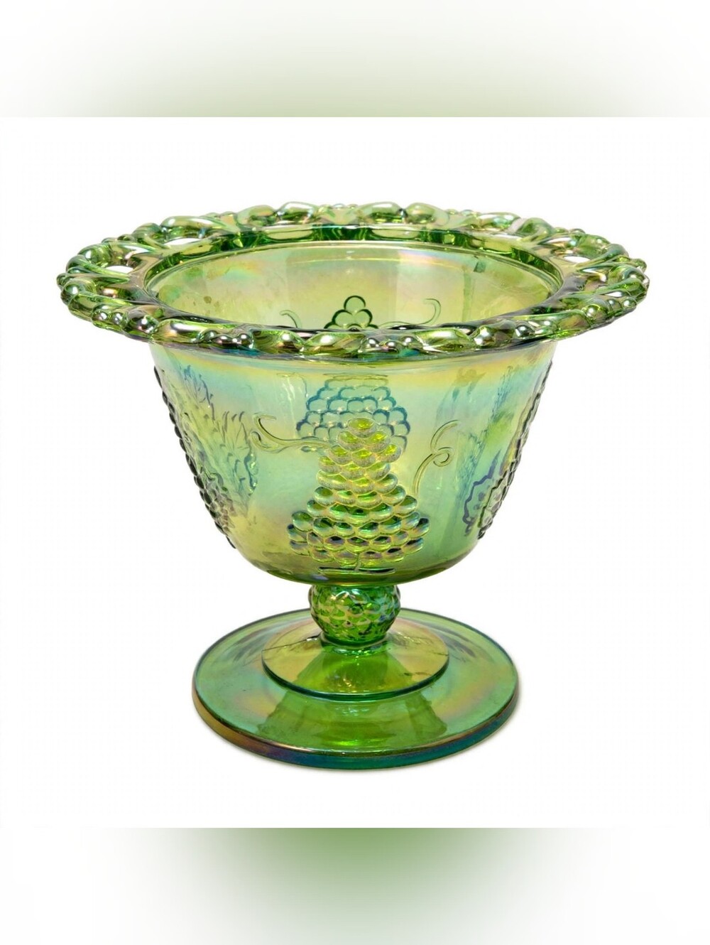 Indiana Glass Harvest Grape Green Carnival Compote Open Lace MINT